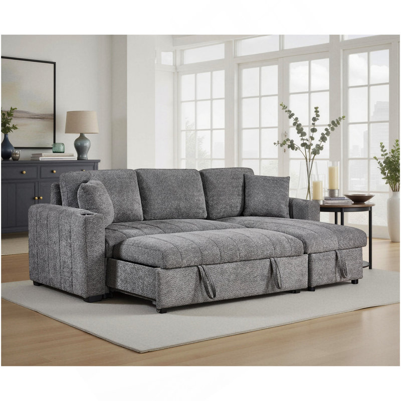 Canapé-lit modulaire réversible en tissu bouclé gris 97 po Seraphina II avec méridienne de rangement, porte-gobelets, port de chargement USB et coussins décoratifs