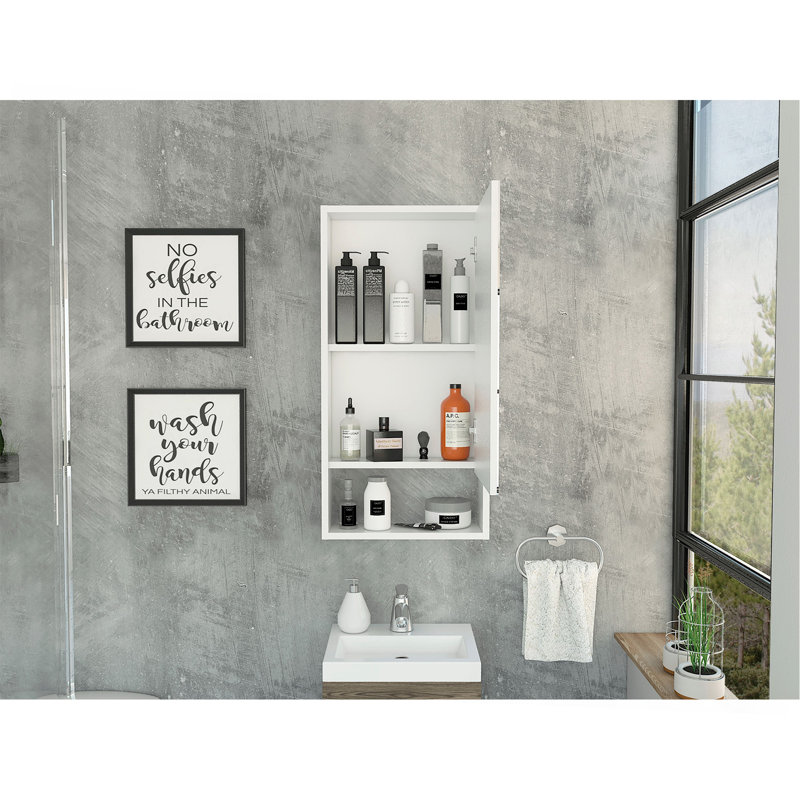 Armoire à pharmacie, une tablette ouverte, armoire à miroir avec deux tablettes intérieures