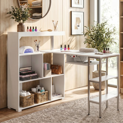 Table Professional Nail Tech avec collecteur de poussière intégré - station de manucure blanche avec tablettes de rangement, organisateur rotatif, structure en acier robuste et stabilité de qualité salon