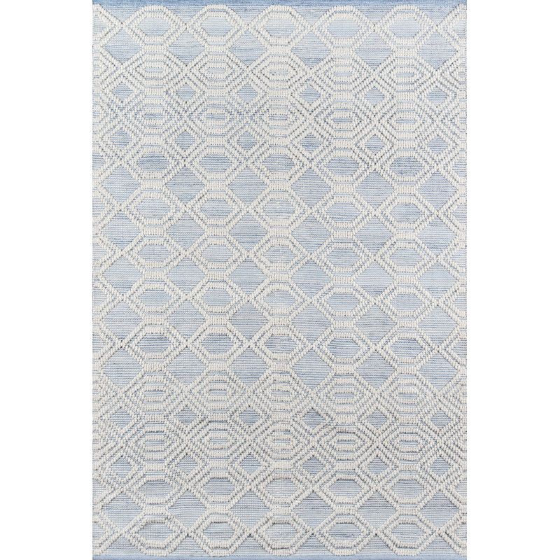 Tapis géométrique bleu clair / blanc tissé à plat à la main Laguanda, Rectangle 3 pi 6 po x 5 pi 6 po