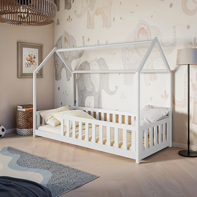 Noah Wooden House Bed EU Single - Natural Pine House-Shaped Bed with Guard Rails for a Warm, Eco-Friendly Room