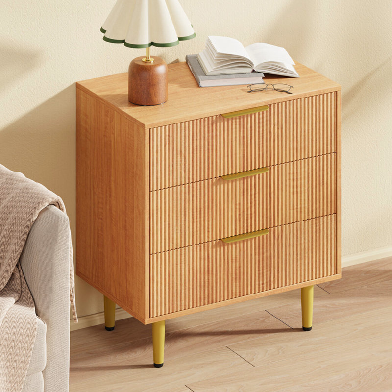 Commode à 3 tiroirs pour chambre, 71 cm de large, en bois, fini cannelé avec poignée en métal doré, grand espace de rangement pour entrée et couloir, montage facile, chêne naturel