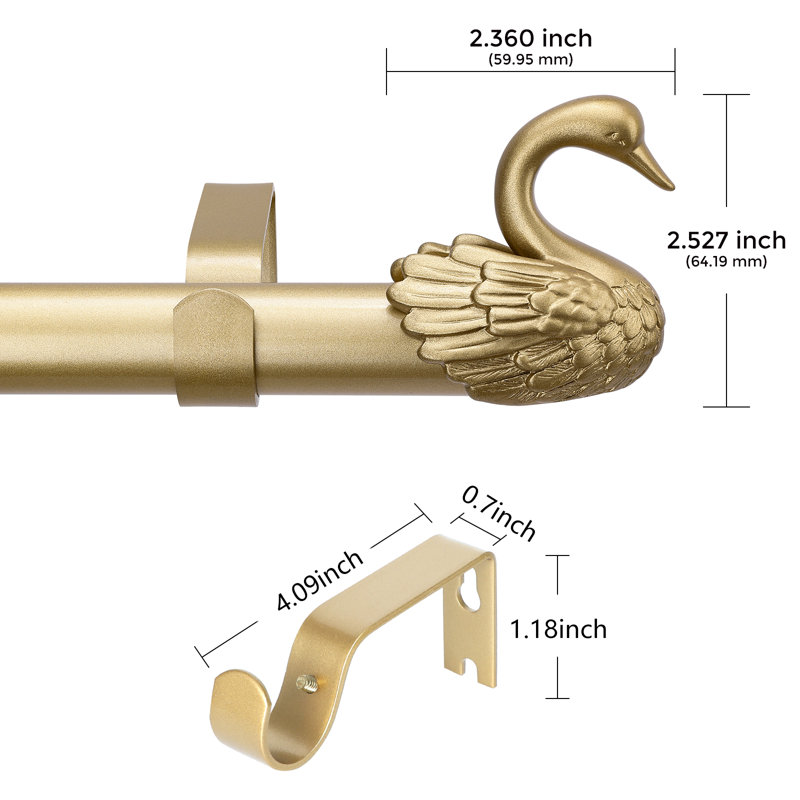 Tringle à rideaux ajustable 30 à 60 po 1 po avec faîteaux de cygne rétro laiton doré, 30" - 60"