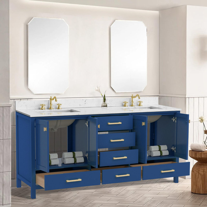 Meuble-lavabo moderne autoportant, Bleu / doré, 72"