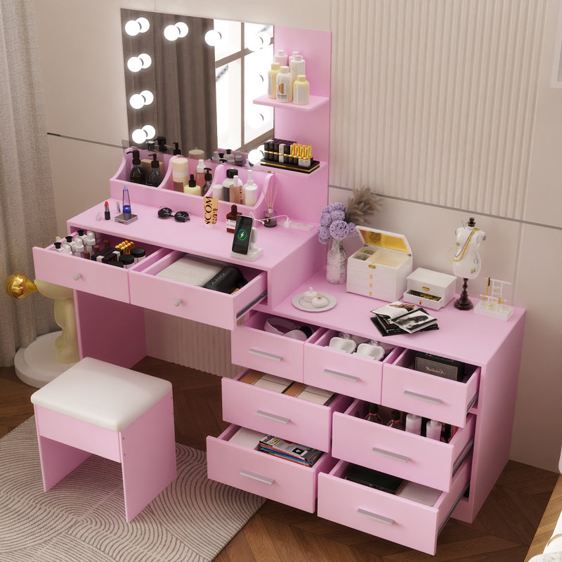 Light Pink Large Makeup Vanity Set With Lights, Usb & Power Outlet And 9 Drawers, Light Pink
