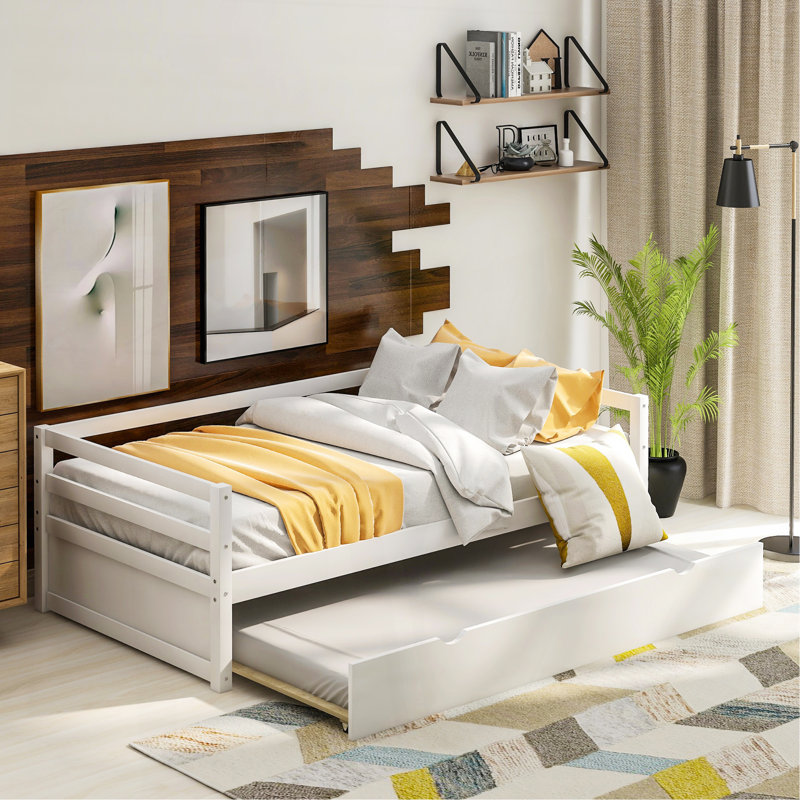 Lit de jour avec cadre gigogne, taille simple, blanc, Blanc