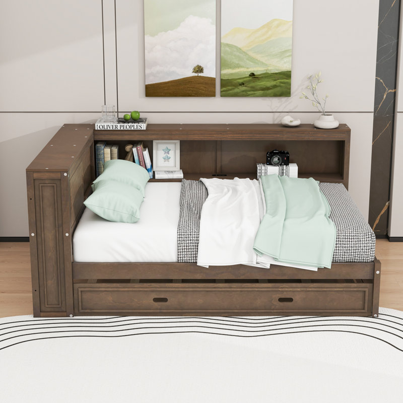 Lit de jour double en bois avec couchette, tablettes de rangement, ports USB et éclairage DEL, Bois antique
