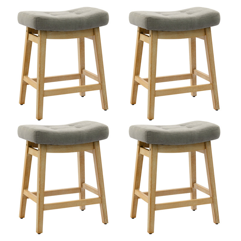 24" Kitchen Island Wooden Saddle Counter Height Short Bar Stool, Linen-Gray Seat/Wood Frame