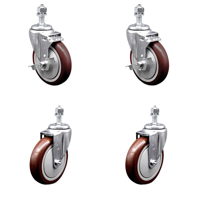 Ensemble de roulettes à tige filetée en polyuréthane marron foncé 5 pouces 5 pouces SCC