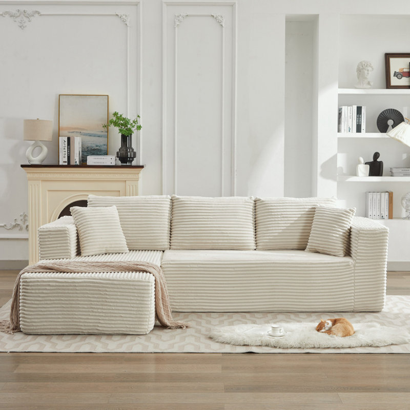 L-Shape Sectional Couch with Left Facing Chaise, Beige Corduroy