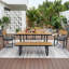Ensemble de salle à manger de patio en bois massif pour 6 à 7 personnes, trou de parasol inclus, avec 1 table, 4 chaises et 1 banc, coussins gris amovibles-173681110
