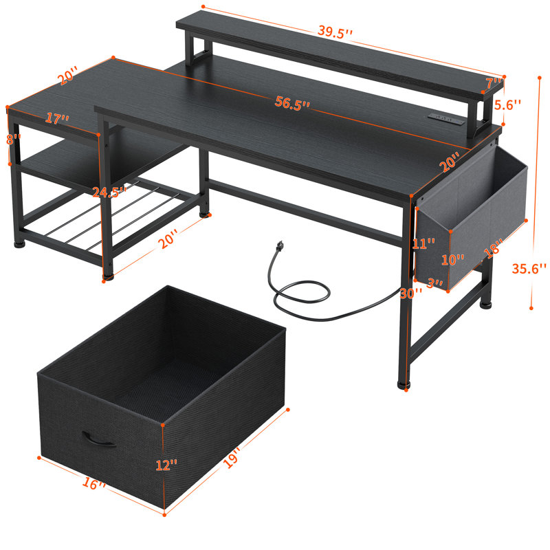 56.5" Adalicia With Drawers, Gaming Desk With Power Outlets And Storage, Home Office Desk, Black