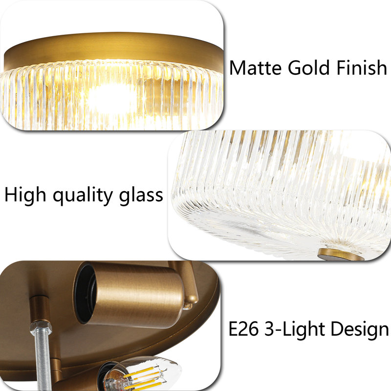 Plafonnier encastré 3 lumières, plafonnier doré avec abat-jour en verre