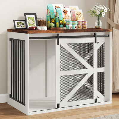 47"W Dog Crate Furniture, Farmhouse Wooden Dog Kennel Furniture, With Sliding Metal Mesh Barn Door, Large Dog Crate Furniture, Solid Metal Tube & 2 Lockable Doors