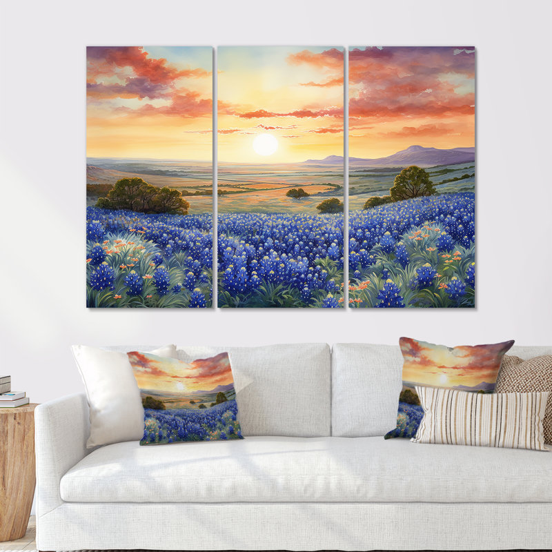 Blue Bonnets Sunset II - ensemble de décorations murales Blue Bonnets, Toile tendue, H 40 po x l 60 po x P 1 po