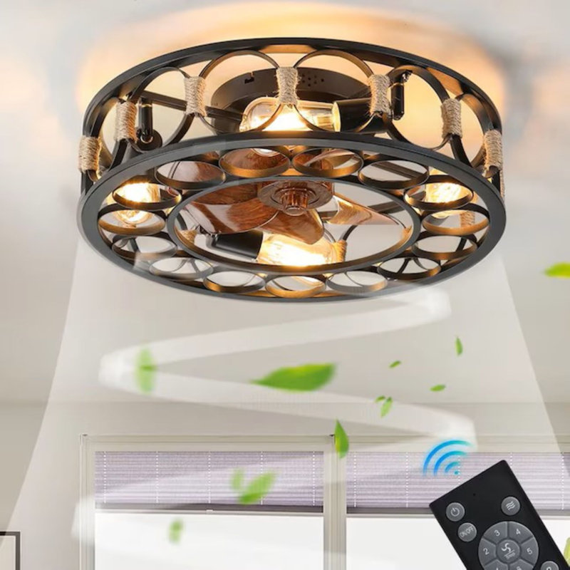 Moniquie 20'' Industrial 6-Speed Flush Mount Ceiling Fan with Lights and Remote, Black