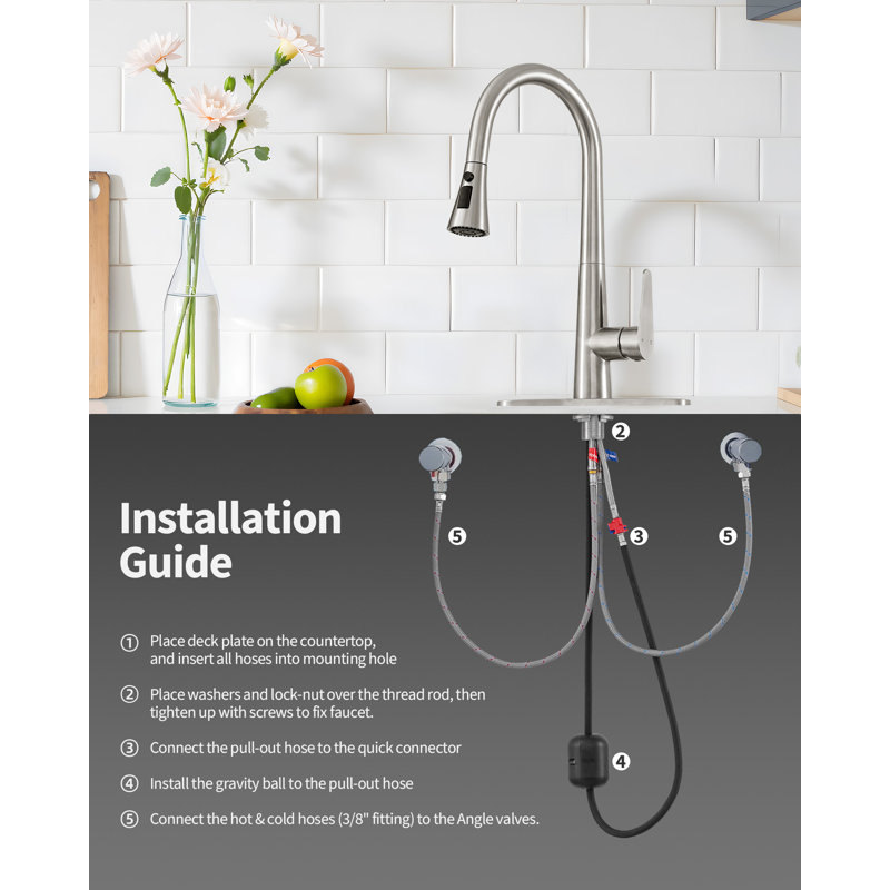 Sleek Pull Down Single Handle Kitchen Faucet, 18 Inch High Brushed Nickel Kitchen Faucet With Pull Down Sprayer