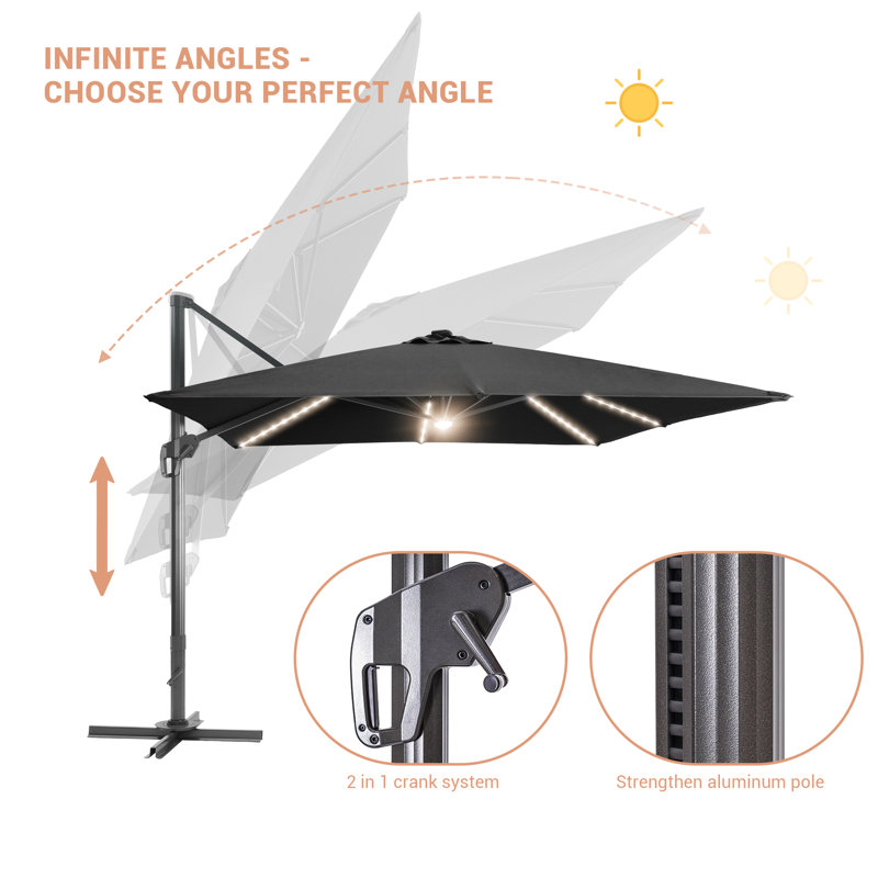 Parasol lumineux rectangulaire en porte-à-faux 11,5 x 9 pi Seena, Noir