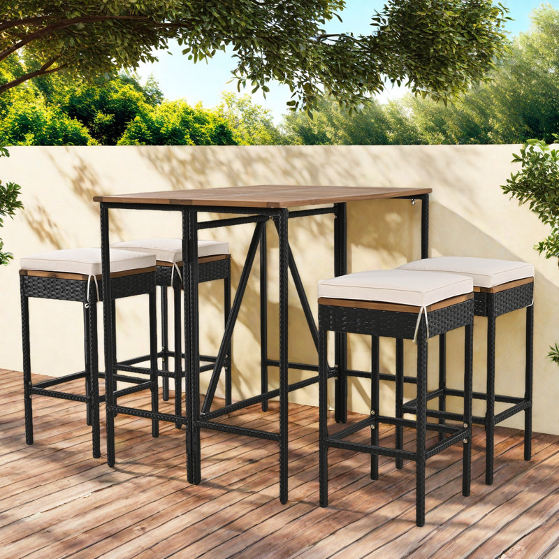 5-piece Outdoor Dining Table Sets Included 1 Foldable Table And Stools With Cushions, 4