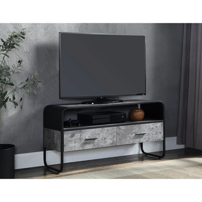 Concrete Gray Tv Stand With Side Metal Glide Drawer And 15 Mm Thick Top For Compact Tvs & Black Console Frame Small