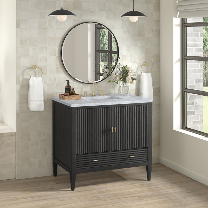 Myrrin 36'' W Single Vanity, Carbon Oak, Carrara White, 8" Widespread