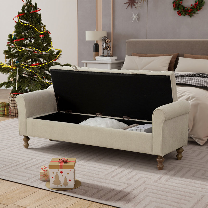 Wide Upholstered Flip-up Storage Bench With Flared Arms And Solid Wood Legs, Greige