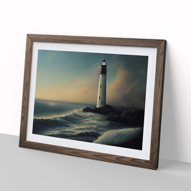 Shimmering Lighthouse Seascape - Framed Print, 25cm H x 34cm W x 2cm D, Walnut