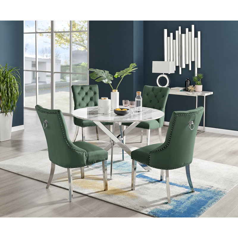 Tierra Modern Chrome Metal & Glass Round Dining Table Set with 4 Luxury Button Velvet Chairs, 75 x 120 x 120cm, Green
