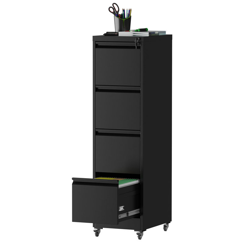 Black 4 Drawer Vertical File Cabinet With Lock And Wheels - Metal Build, Easy Access To Stored Documents Modern On Wheels, 17.71"D*14.98"W*52.3"H Secure Valuables, Flexible Document Organization