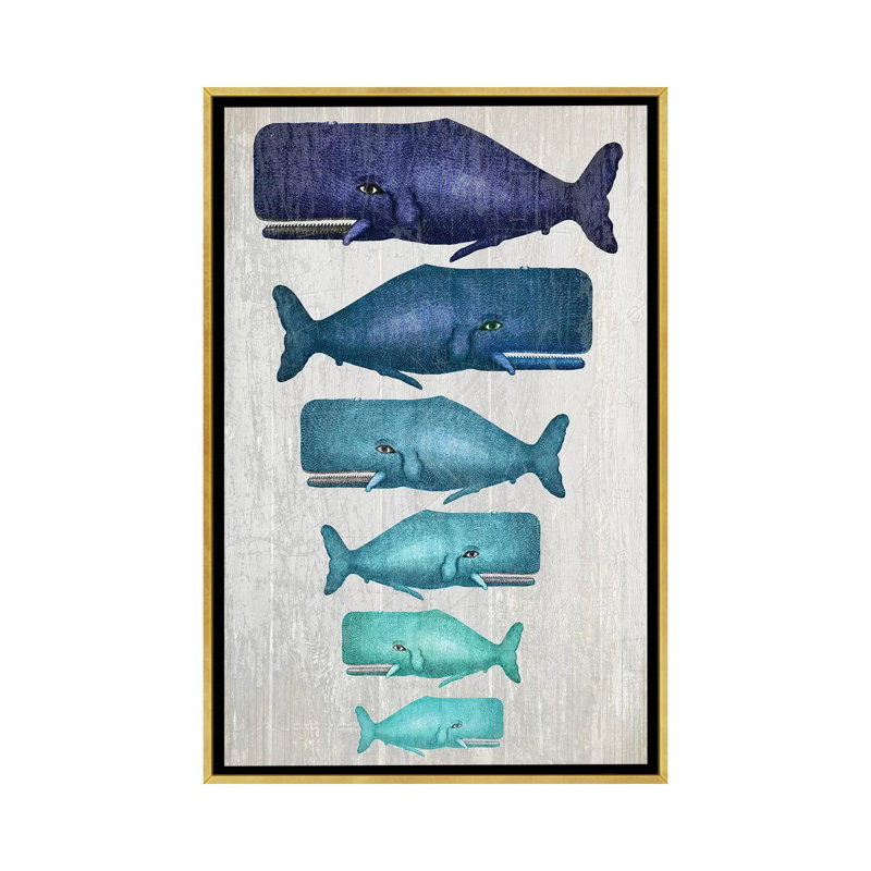 «Whale Family Blue on White» par Fab Funky - impression d'art graphique, Toile encadrée d'or, Aucun mat