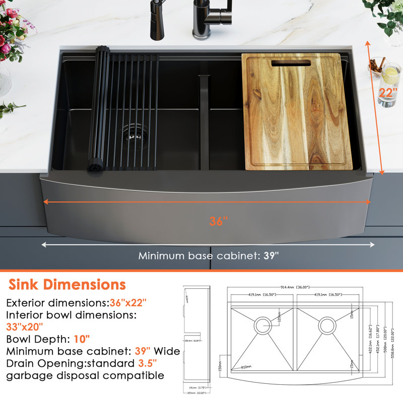 Évier de cuisine à double cuve 36 po avec robinet escamotable 36 po