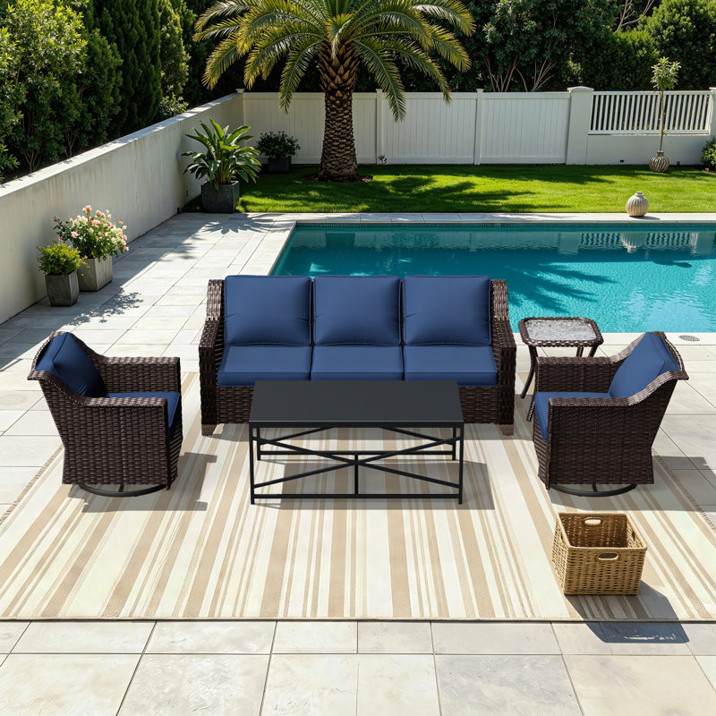 5-Piece Outdoor Rattan Wicker Conversation Set, Patio Furniture with 3-Seater Sofa, 3 Armchairs, Coffee Table & Side Table, Weather-Resistant for Backyard, Porch & Poolside