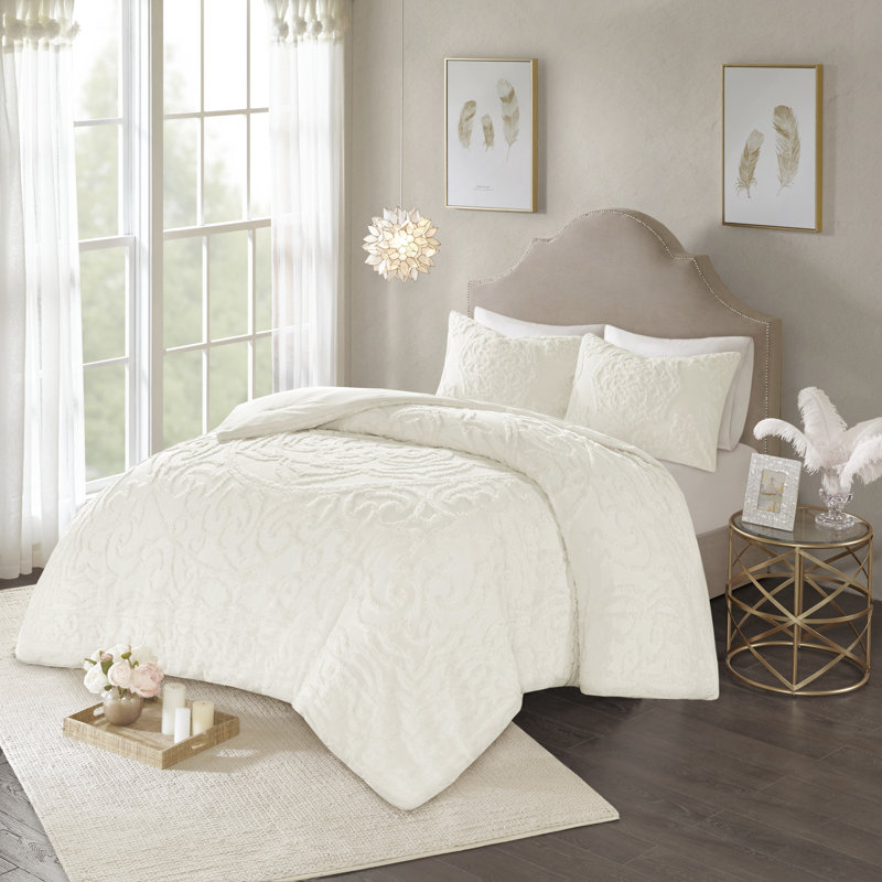Ensemble d'édredon en chenille de coton touffeté à motif de médaillon Laetitia, Blanc cassé