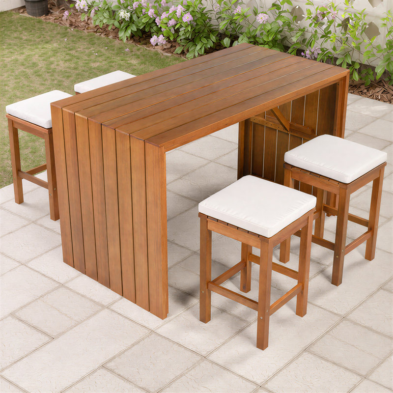 5 - Piece Acacia Wood Outdoor Patio Bar Set,  Bar Height Table & 4 Stools with Cushions