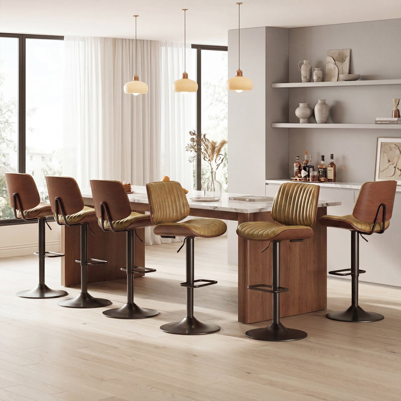 Tabourets de bar modernes pivotants de 26 po de hauteur, tabourets de comptoir à hauteur réglable avec bois cintré, tabourets de bar rembourrés en similicuir avec repose-pieds pour bar, cuisine et salle à manger