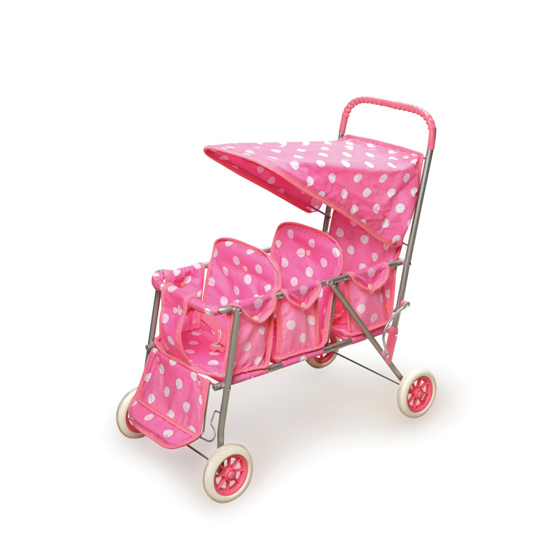 Triple Doll Stroller in Pink with White Polka Dots