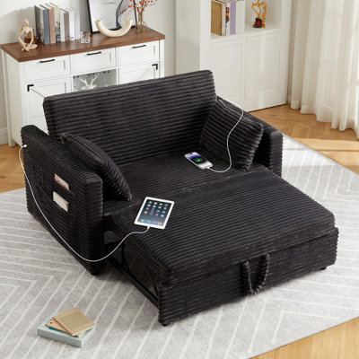 Canapé-lit avec causeuse, lit escamotable de 55 po avec dossier réglable, station de charge et poches latérales, canapé en velours côtelé pour le salon