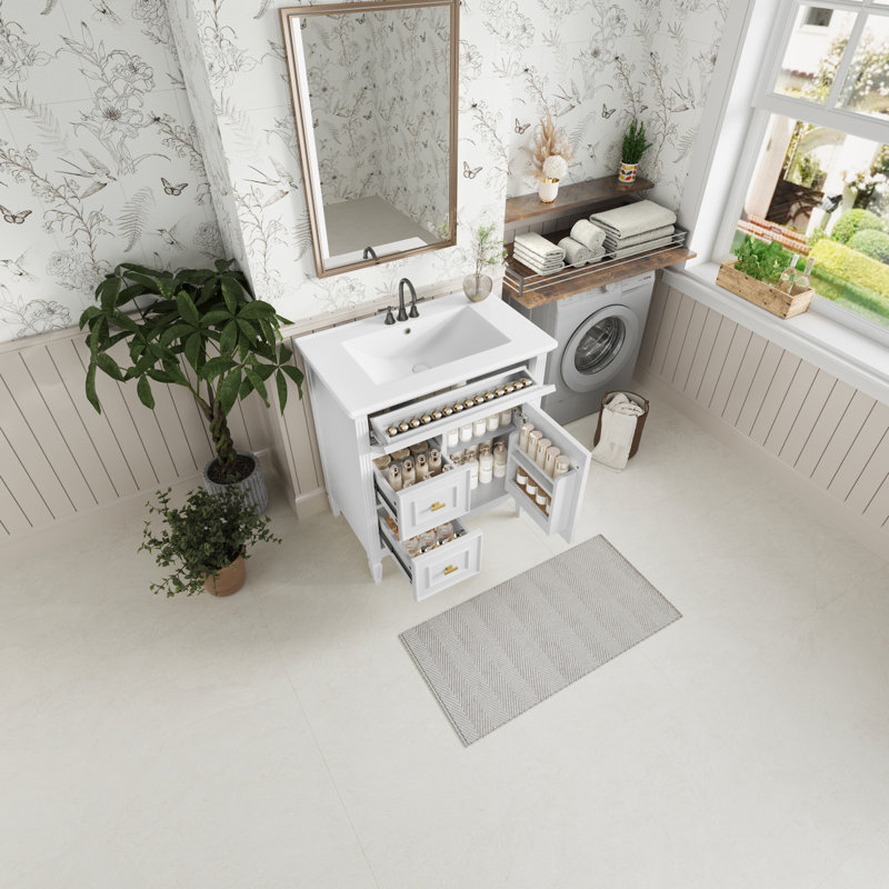 Meuble-lavabo avec lavabo / meuble-lavabo avec un tiroir rabattable et deux tiroirs / tablette réglable, Blanc