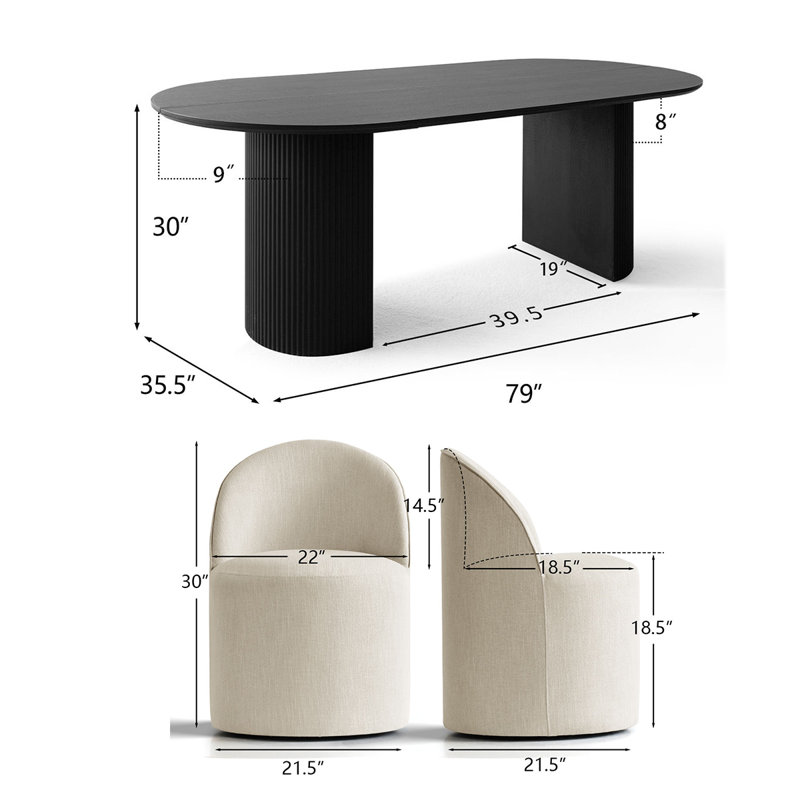 6 - Person Modern Organic Dining Table Sets With 79" Oval Dining Table & 6 Rolling Barrel Chair, Beige, Black