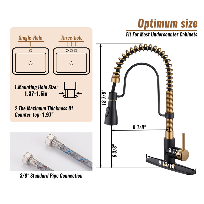 Bolden CASAINC 1.8 GPM Spring Neck Pull Down Kitchen Faucet with Deck Plate, Matte Black/Brushed Gold