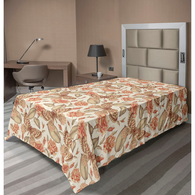 Drap plat victorien Ambesonne Papillon rose rétro rouille pâle et brun sable, Drap plat pour lit simple