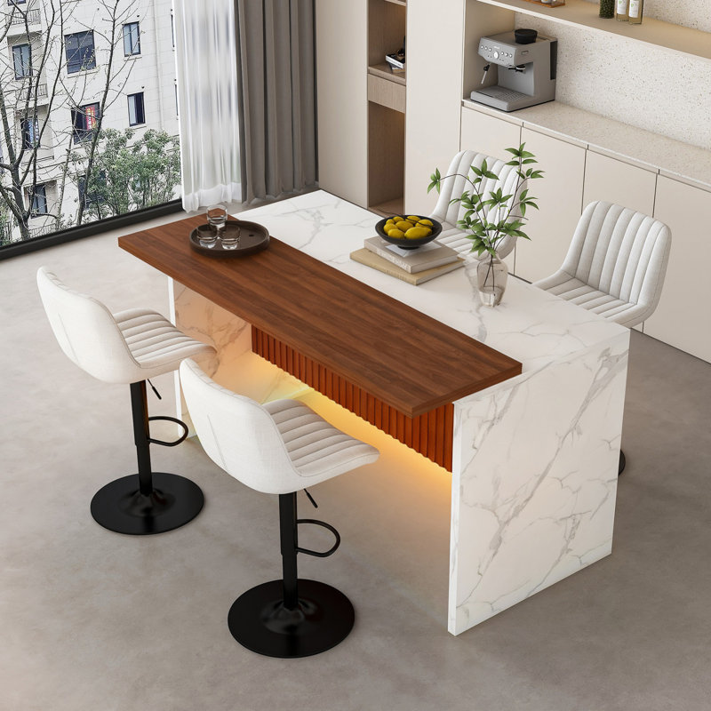Ensemble de table de salle à manger de style moderne avec 4 tabourets de bar, éclairage à DEL pour la salle à manger, Blanc