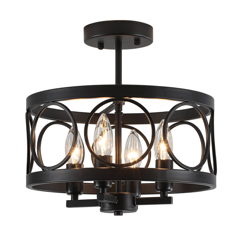 4-ligh 12.6" Dimmable Farmhouse Rustic Hollow Drum Semi-flush Mount Ceiling Light For Kitchen Island Living Room Bedroom Entryway