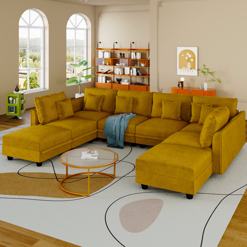 8 Seat Corduroy Convertible Modular Sectional Sofa With Storage, 6 Back Cushion 6 Throw Pillow, Yellow Corduroy
