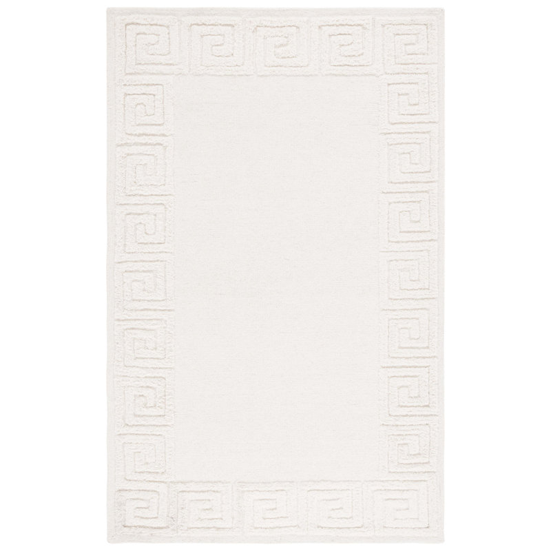 Dreshon Hand Tufted Wool/Cotton Greek Key Border Rug in Ivory, Rectangle 5' x 8'