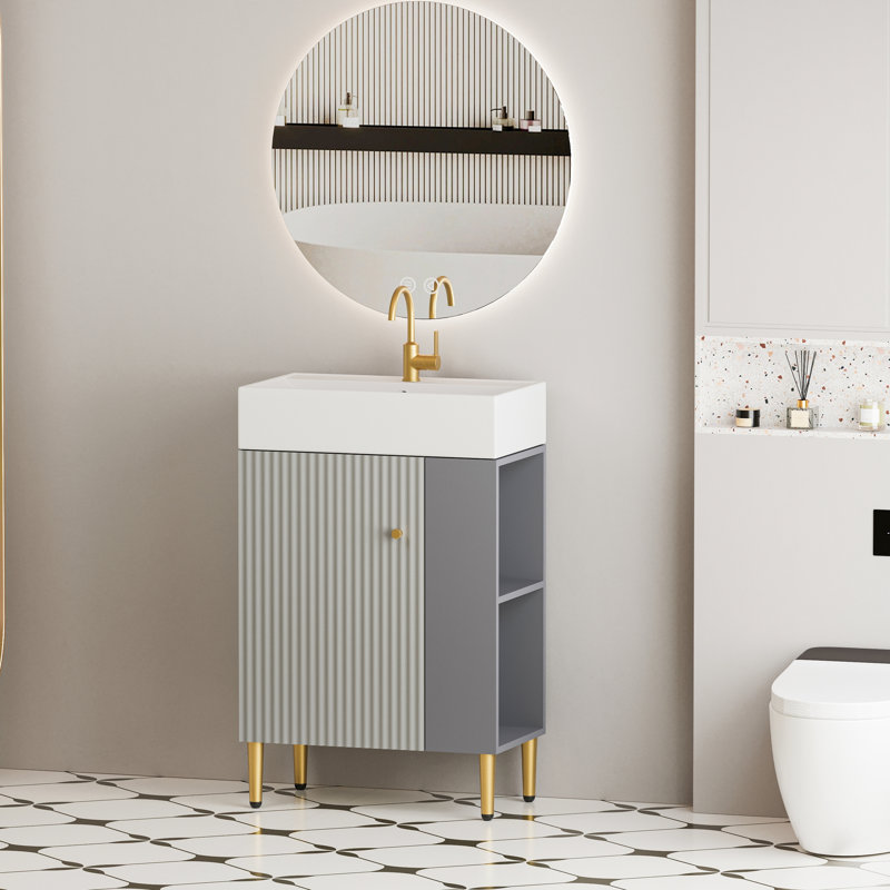 Meuble-lavabo gris 24Vb06-21Mgr avec lavabo en céramique. Style contemporain élégant. Matériau en bois de qualité. Vaste espace de rangement. Facile à nettoyer et à assembler. Conception moderne et élégante. Solide.