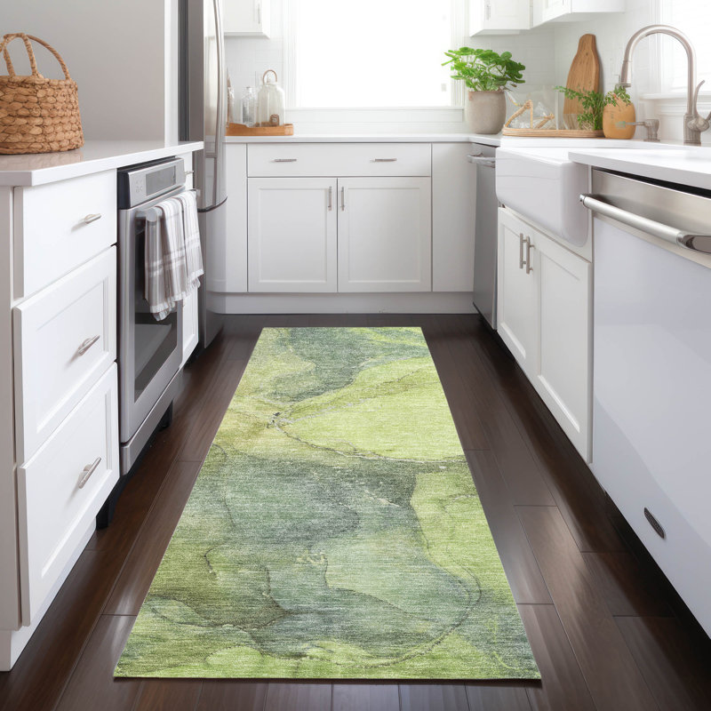 Machine Washable Indoor/Outdoor Xhevrie Green Rug, Runner 2'3" x 7'6"