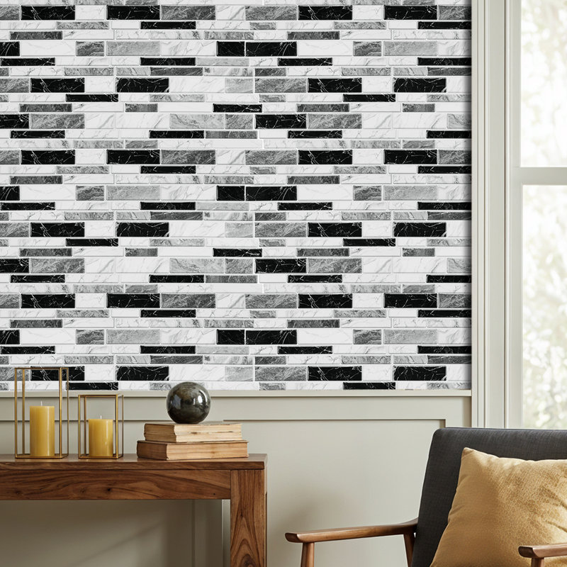 20Pcs Self-Adhesive Wall Tile Stickers with Marble Effect, Grey/Black