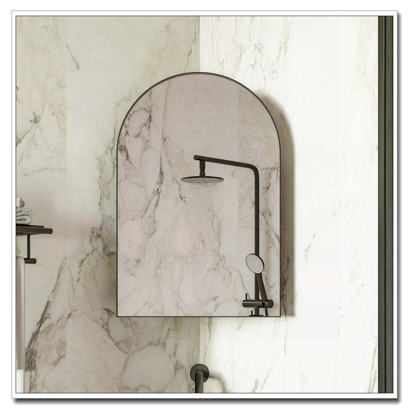 Pharmacie de coin en métal avec miroir arqué, tablettes en verre réglables, rangement de salle de bain peu encombrant pour les petits espaces