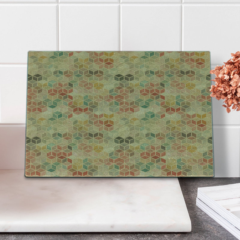 Ambesonne Geometric Tempered Glass Cutting Board Retro Cube Pattern Multicolor